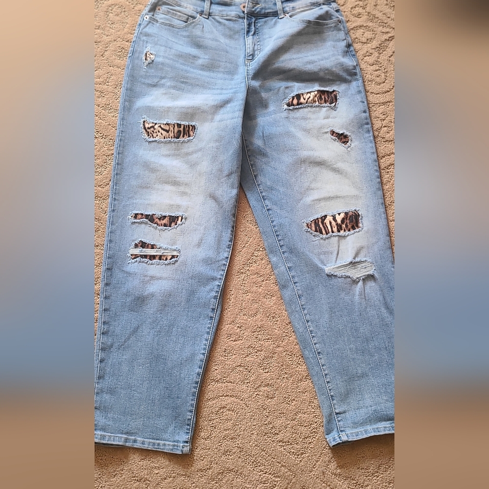 Women's Light Blue Distressed Jeans with Animal Print Accents NWT
